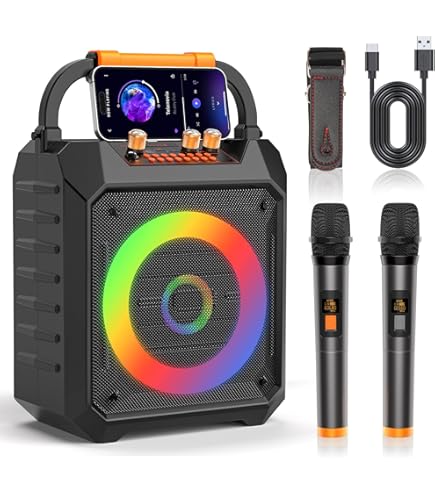 Portable Karaoke Machine With 2 Mics & Lights | Bluetooth 5.3 Speaker PA System For Home & Outdoor Parties