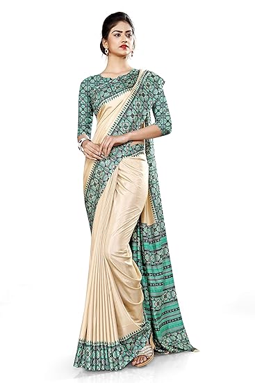 Uniform Sarees Corp Womens Printed Blouse Concept Polycotton Raw Silk Staff Uniform Saree With Blouse (Beige;Green)