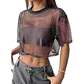 Avanova Women Sexy Sheer Mesh Crop Top See Through Oversized Short Sleeves Boxy Tee Shirt
