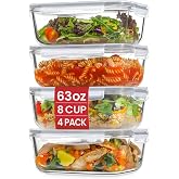 Snuvid 4 Pack 8 Cups/ 63oz Large Glass Storage Containers with Lids, Meal Prep Containers, Glass Food Storage with Airtight Lid for Baking, Leak Proof &amp; Microwave, Oven Safe (4 Containers + 4 Lids)