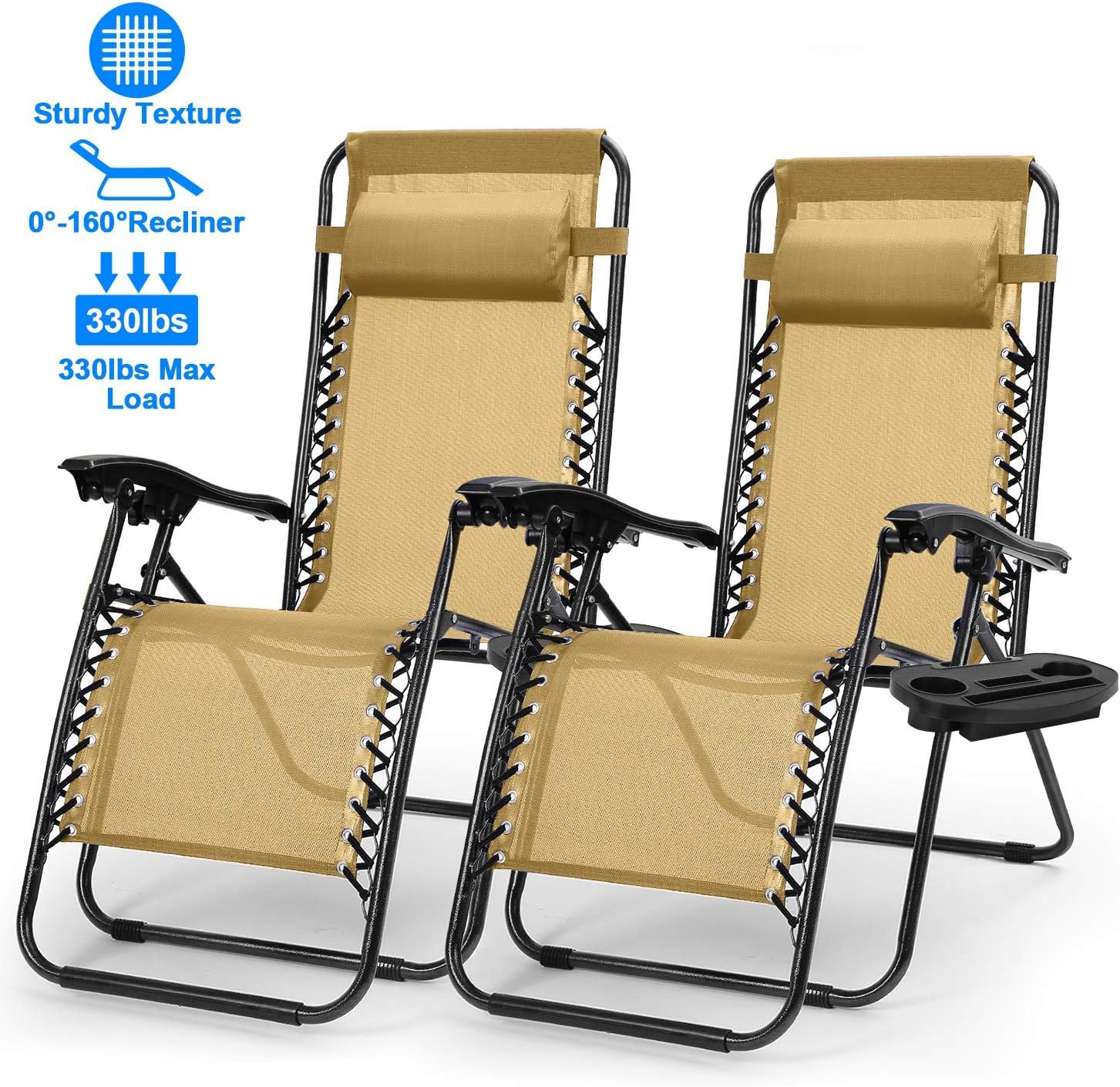 iMounTEK Set of 2 Adjustable Zero-Gravity Reclining Outdoor Lounge Chairs with Pillows & Cup Holder Side Tray, Supports 330lbs, for Patio, Porch, Deck, Poolside, Beach, Lawn, Yard (Black, Blue, Tan): Kitchen & Dining