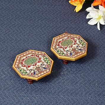 Handicrafts Paradise Octagonal Peacock Design Painted Marble Chowki (10.2 cm x 10.2 cm x 2.55 cm, Set of 2)
