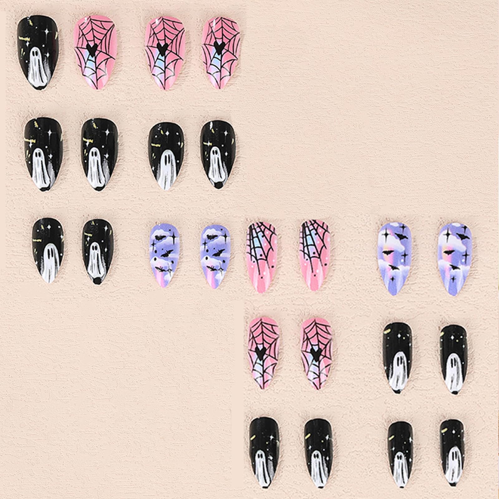IMSOHOT Halloween Press on Nails Almond Medium Fake Nails Black Pink Purple Glue on Nails Full Cover Glossy Artificial False Nails with Ghost Designs Cute Stick on Acrylic Nail for Women Girls - Image 3