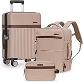 U.S. Traveler Vista Way 3-Piece Travel Set, 21-Inch Carry-on Hardside with TSA Lock, 18-Inch Travel Backpack with Laptop Sleeve, Toiletry Bag, Beige