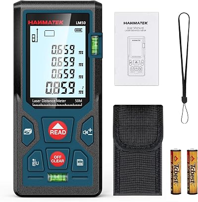 HANMATEK LM50 165ft/50m Laser Distance Meter with 2 Bubble Levels IP54 Backlit