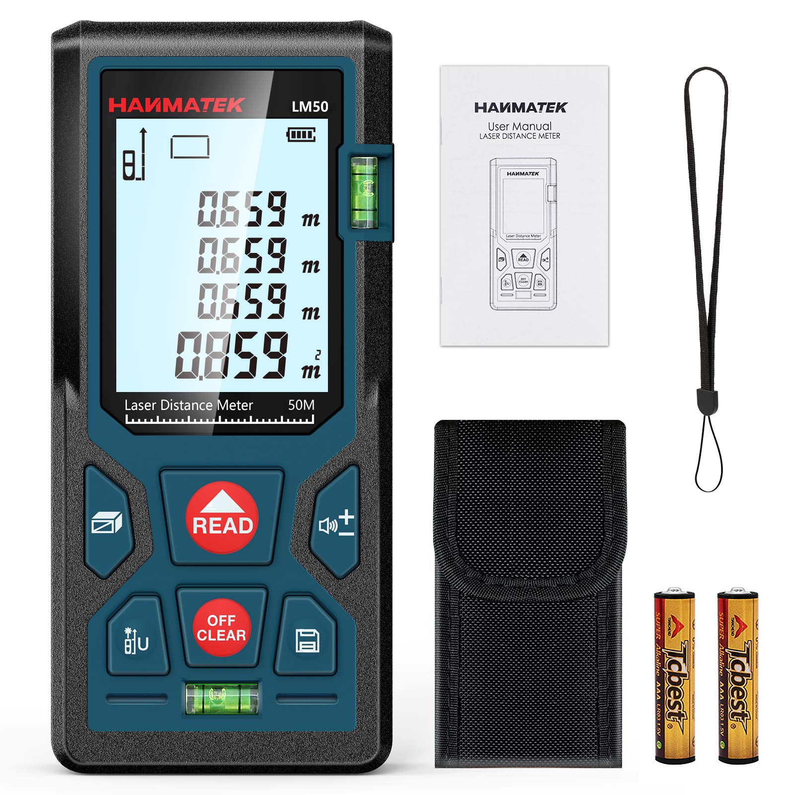 HANMATEK 165ft/50m Laser Measure Ft/In/M Switching LM50 Laser Measurement Tool Devices with 2 Bubble Levels Distance Meter,Large Backlit LCD and Pythagorean Mode, Carry Pouch and Battery Included