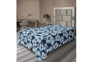 Ambesonne Aloha Flat Sheet, Hibiscus Hawaiian Tropical Island Flowers Petals and Buds Leaves Art Print, Soft Comfortable Top Sheet Decorative Bedding 1 Piece, Twin Size, Dark Blue Sky Blue