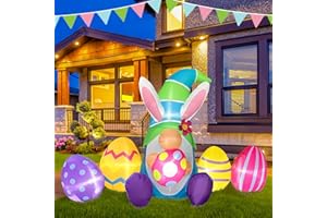 RETRO JUMP 7 Ft Long Easter Inflatables Outdoor Decorations, Inflatable Bunny Gnome with Eggs, LED Light Up Easter Blow up Yard Decorations