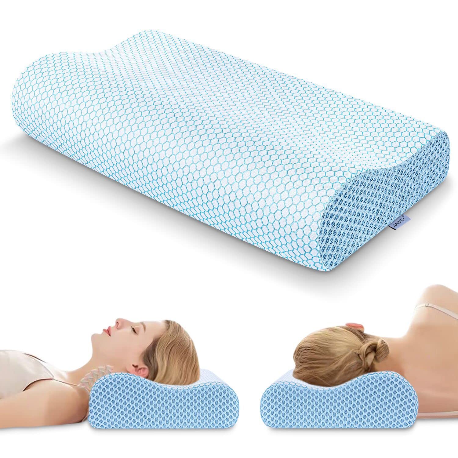 Photo 1 of Anvo Memory Foam Pillow, Neck Contour Cervical Orthopedic Bed Pillow for Sleeping Side Back Stomach Sleeper, Ergonomic Design for Neck and Shoulder Pain Relief, Cyan, Firm