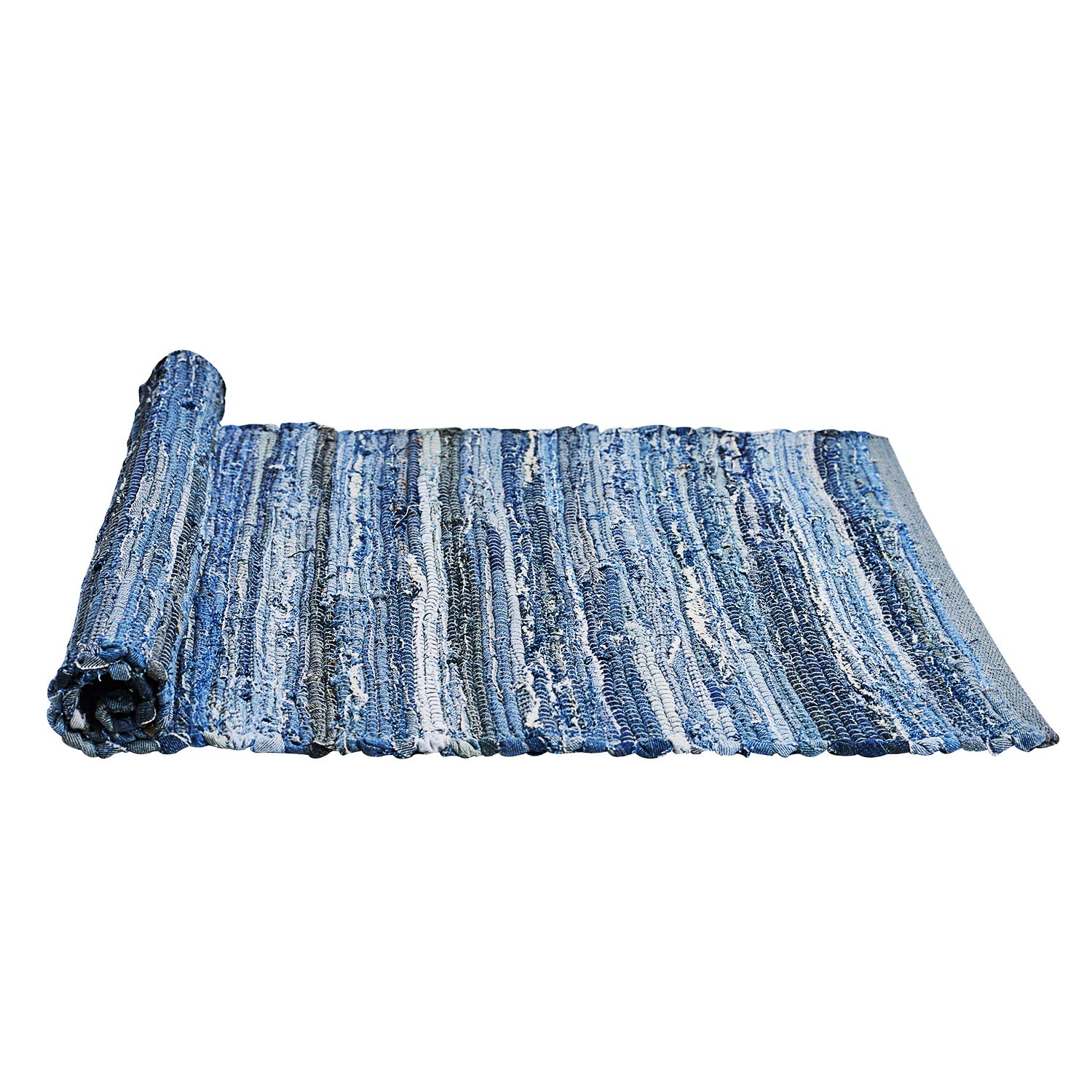 MOTINI Hand Woven Denim Reversible Laundry Room Kitchen Rag Rug Washable Recycled Thick Cotton Contemporary Blue Striped Floor Entryway Throw Rug for Bathroom,2\'×3\'