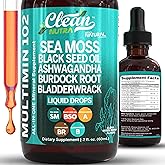 Clean Nutra Organic Sea Moss Drops Supplement | Black Seed Oil Irish Seamoss Ashwagandha Burdock Root & Bladderwrack - Multimineral Liquid Vegan for Gut Heath Energy Skin Immune Support & Hair
