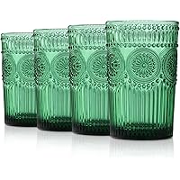 Joeyan Green Vintage Drinking Glasses,Embossed Ribbed Water Glass Cups,Colored Sunflower Patterned Highball,Beaded Tumblers G