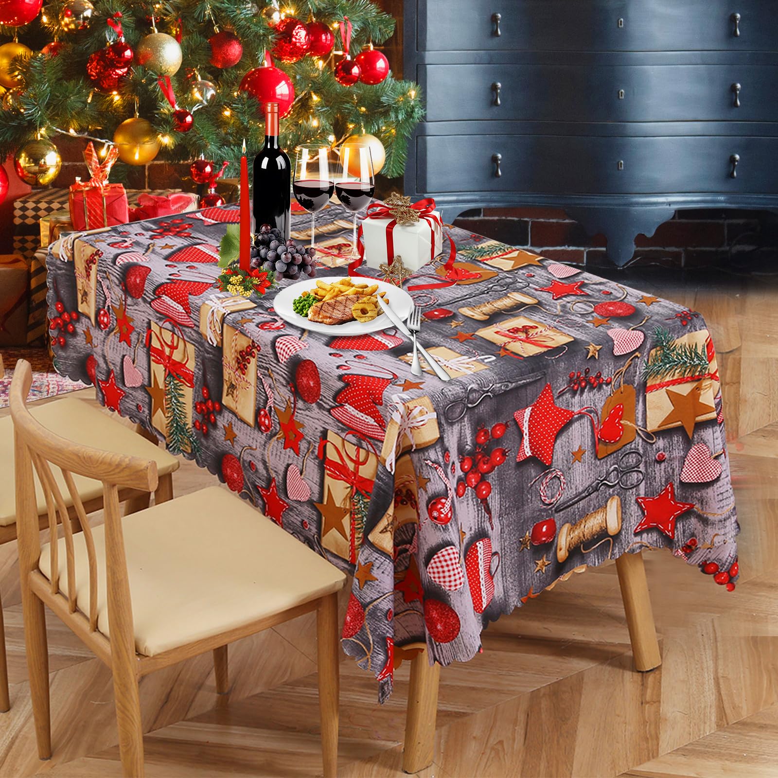 Fantasyon Large 180 x 150 cm Rectangular Washable Waterproof Red Xmas Table Cover for Christmas Party Supply