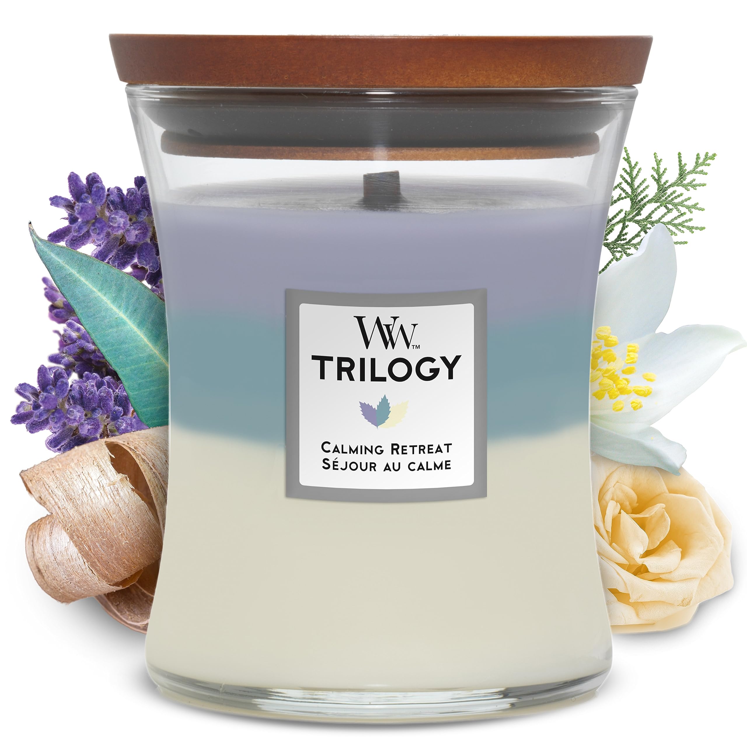 WoodWick Medium Hourglass Trilogy Scented Candle | Calming Retreat | with Crackling Wick | Burn Time: Up to 60 Hours