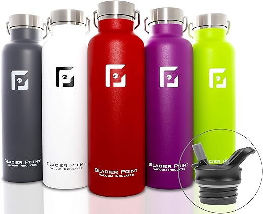 Amazon Com Glacier Point Vacuum Insulated Stainless Steel Water Bottle 25oz 17oz Double Walled Construction Premium Powder Coat Two Lids White 25 Oz Kitchen Dining
