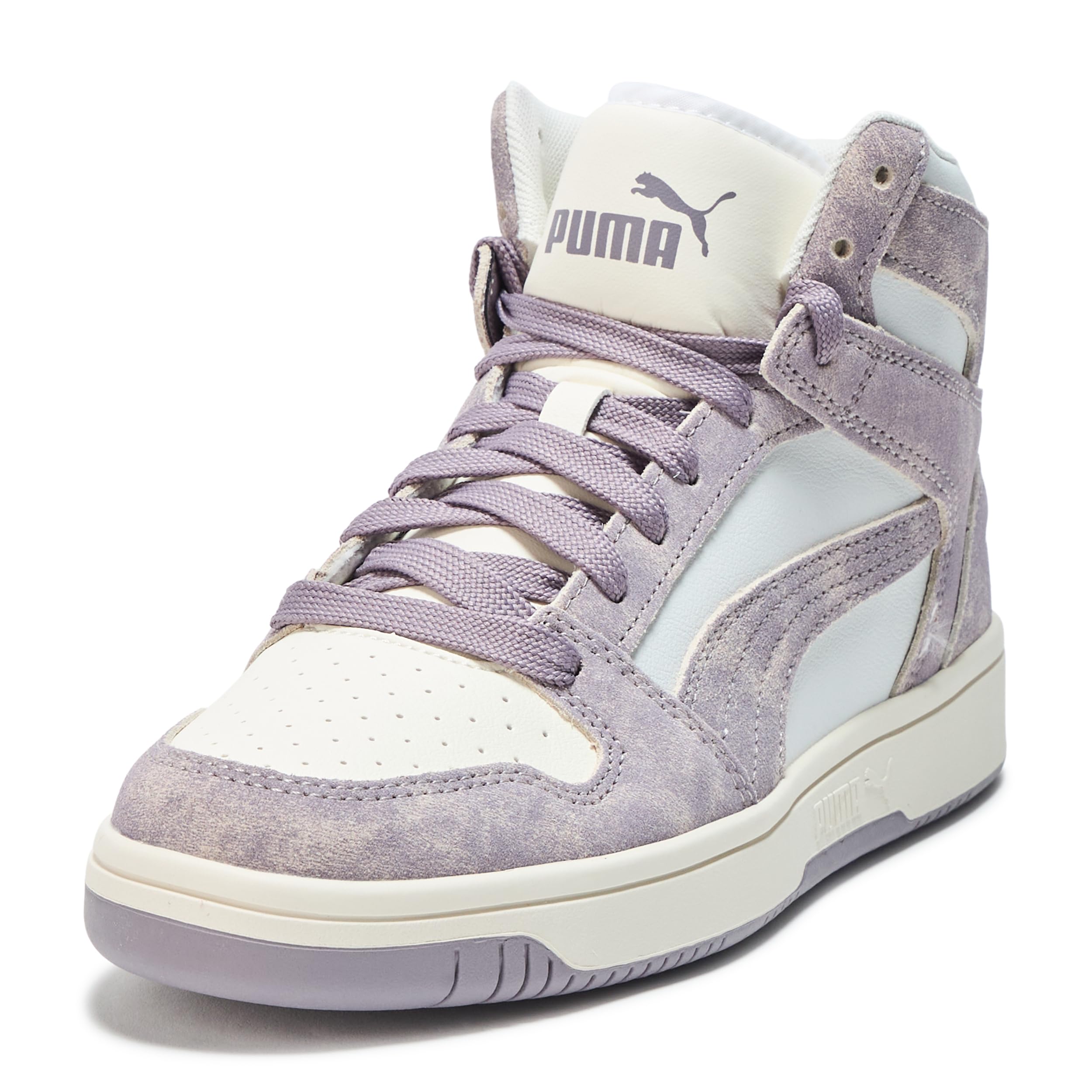 PUMA Women's Rebound Layup Mid Shoes, Feather Gray/Plum Jam/Warm White, 7.5 Image