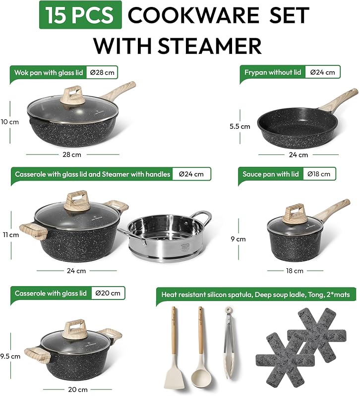 JUST PERFECTO Topf und Pfannenset Induktion - Pfannenset mit deckel - Induktions Töpfe Set - Töpfe und pfannen set ohne PTFE und PFOA - Kochtopfset induktion Aluminium mit Antihaftbeschichtung 15 pcs