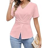 Blooming Jelly Womens Dressy Business Casual Blouse Pleated V Neck Tops Trendy Smocked Work Shirt Summer Outfit 2025 (Pink,S)