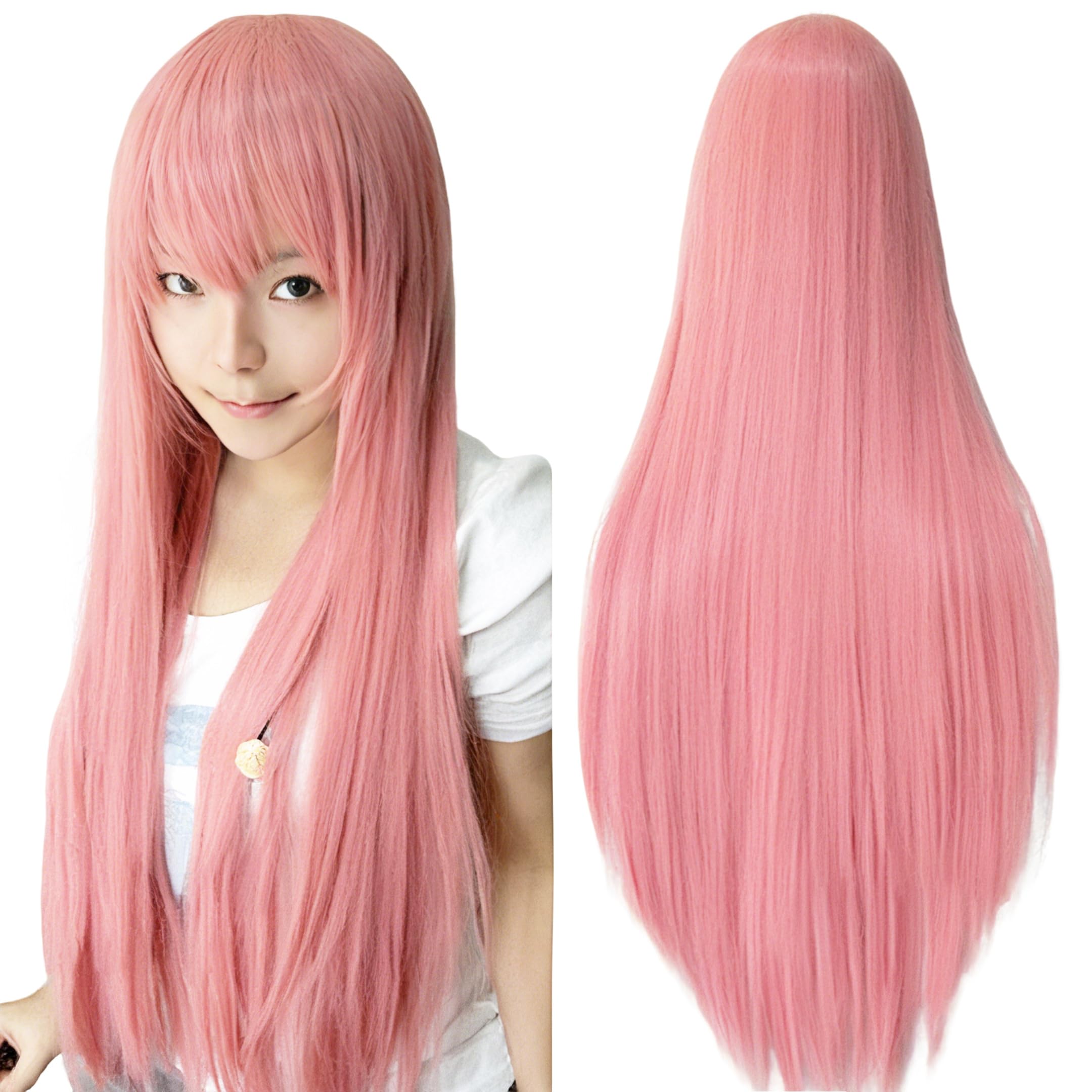 IMISSU 80cm Long Straight Natural Hair Cosplay Wigs with Bangs Colorful Halloween Costume Party Wig for Girl (Pink)