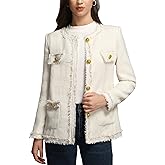 M.Infisavo Women’s Tweed Blazer Jackets with Pockets, Long Sleeve Open Front Crewneck Collarless Elegant Casual Cardigan