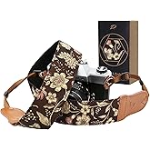Padwa Lifestyle Japanese Brown Printed Floral Camera Strap - 2" Wide Double Layer Cowhide Head Camera Straps for Photographers, Universal Neck & Shoulder Cotton Padded Vintage Strap for Cameras