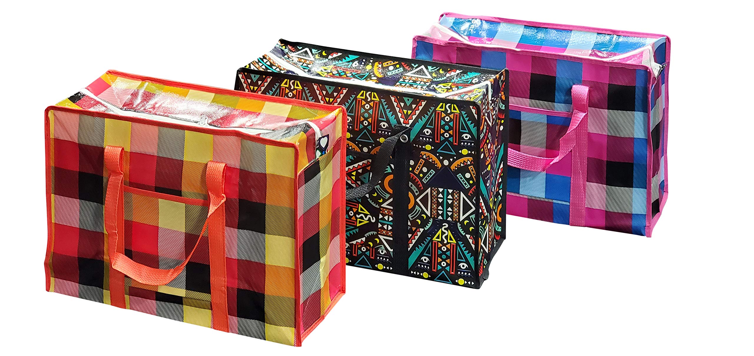 Cotton Fly Set of 3pc Thick,Strong & Durable Storage Laundry Shopping Bags W. Zipper,Side Pocket with strong Handle for Travelling,Moving,Camping,Size:19.75L X 14H X 7.5W Inch Assorted Design & Colors