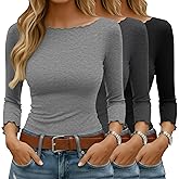 Ficerd 3 Pack Women's 3/4 Sleeve Lettuce Trim Tight Tops Boat Neck T Shirts Slim Fit Casual Fitted Basic Tees