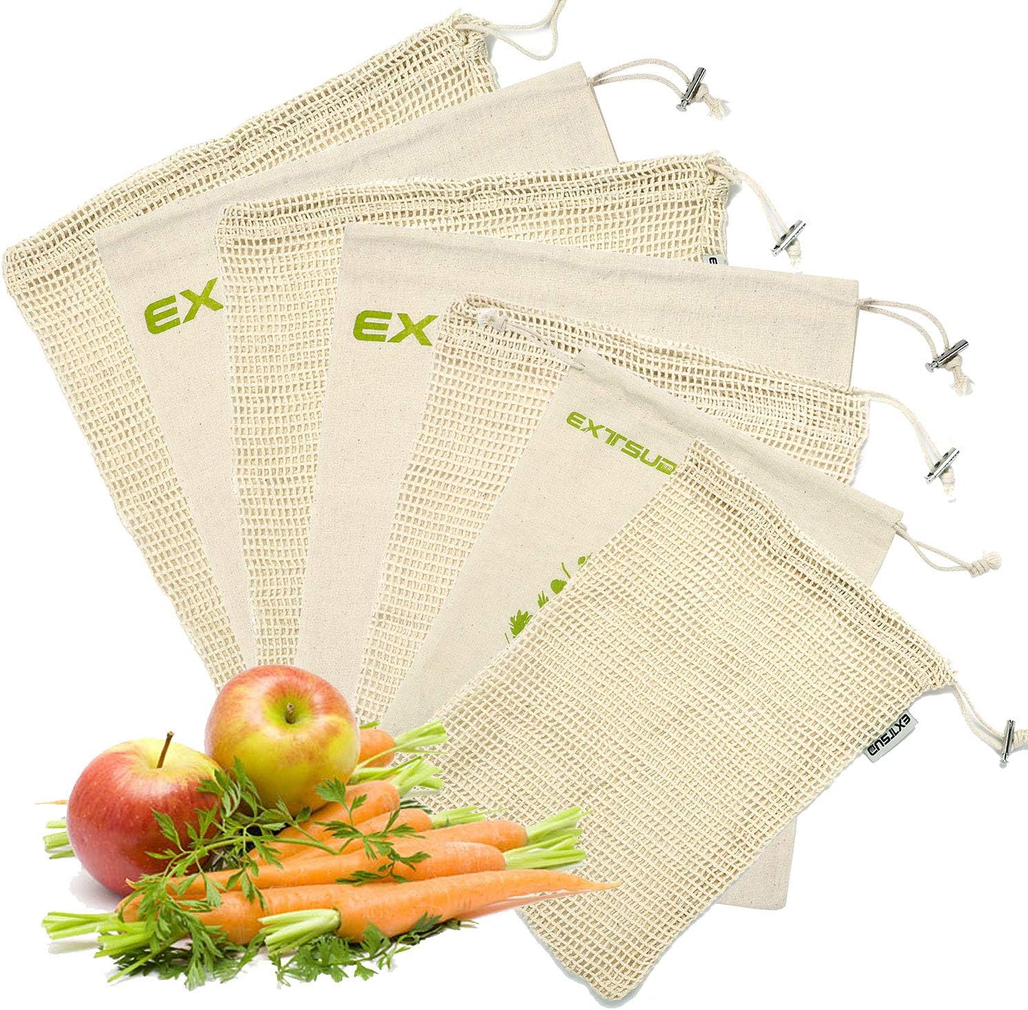 EXTSUD Organic Cotton Vegetable Bags, 7 Set Reusable Cotton Mesh