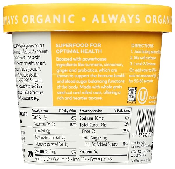NATURES PATH ORGANIC GOLDEN TURMERIC SUPERFOOD OATMEAL CUP, 1.76 OZ