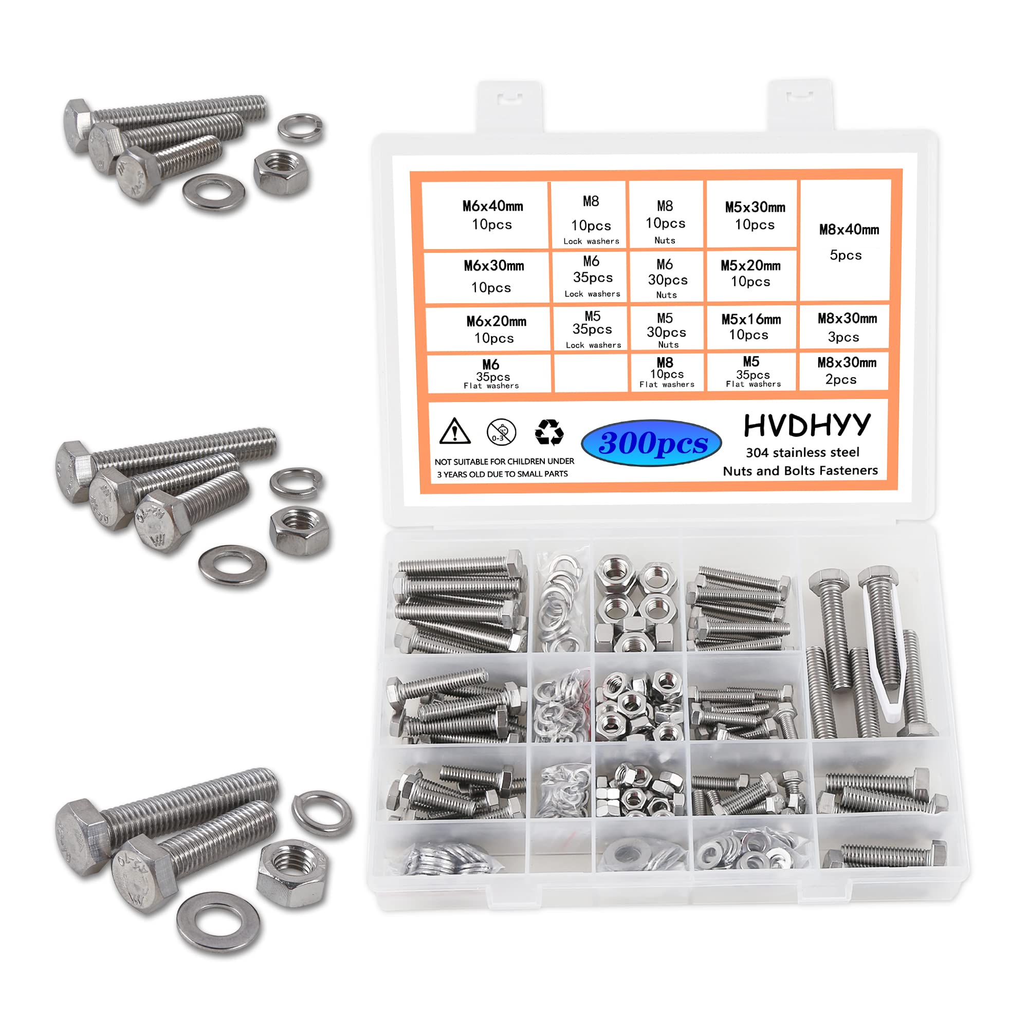 HVDHYY M5 M6 M8 Nuts and Bolts set Machine Screws & Nuts Assortment kit 304 Stainless Steel Outer Hexagon Head Button with a Reusable Storage Box (300pcs)