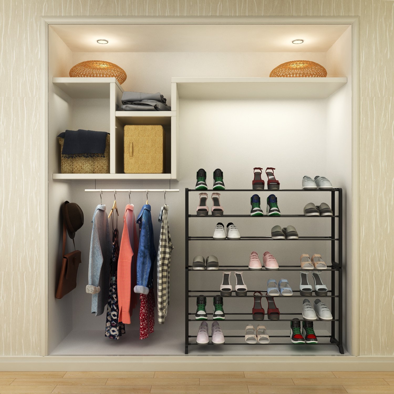 Hindom Adjustable Floor Shoe Organizer Storage, 4/7/10 Tiers Free combination Space Saving Shoe Shelves (7L, Black)