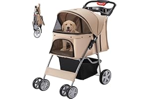 Azaeahom Pet Stroller, 4 Wheels Pet Strolling Cart for Medium/Small Dogs and Cats, Foldable Cat Jogger/Dog Stroller with Cup Holder, Storage Basket, Breathable Mesh, All-Season Pet Carrier, Khaki