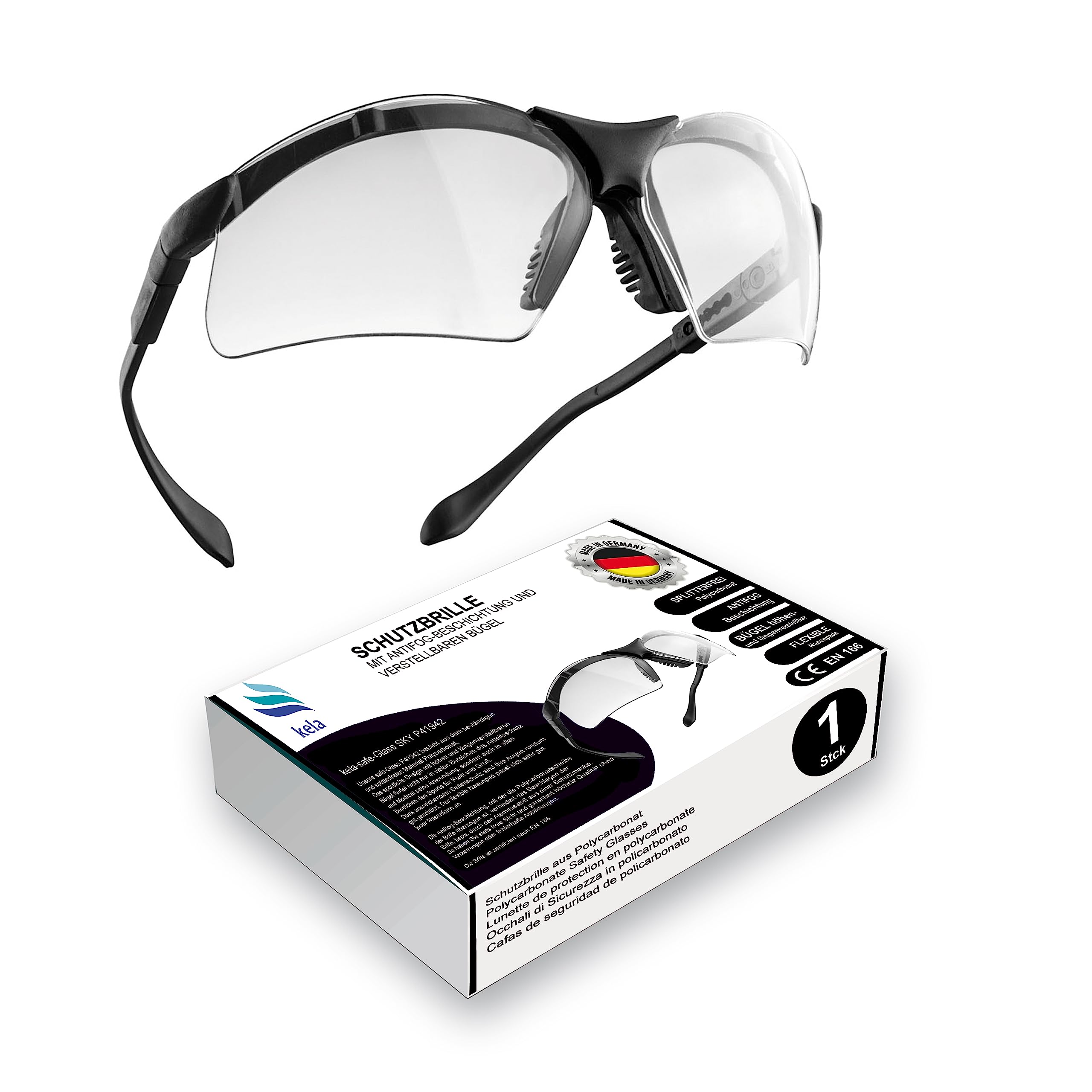 kela 1x Safety Glasses SKY | 100% Made in Germany | Shatterproof, Scratch-Resistant work safety goggles with integrated side protection, sports glasses | Height- and length adjustable temples