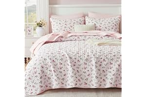 Oversized King Size Pink Floral Quilt Set 128x120 Extra Wide Super King Size Quilted Bedspread Coverlet 3-Piece Garden Style 