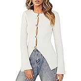 YUNLORIA Womens 2026 Spring Slim Fitted Sweater Golden Button Split Tops Trendy Long Sleeve Open Front Knit Cardigan