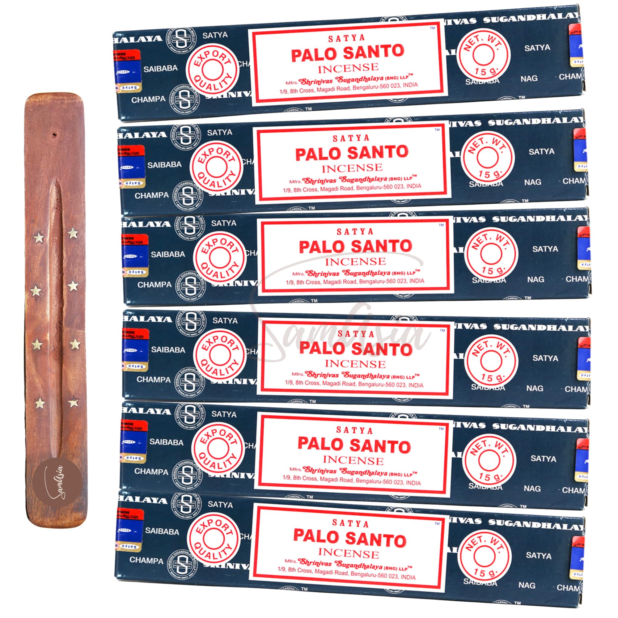 Satya Nag Champa Palo Santo Incense Sticks | x6 pack | with SAMASIA incense sticks holder | Used for Aromatherapy, Spa, Yoga, Weddings, Meditation, Healing, Positivity and Relaxation