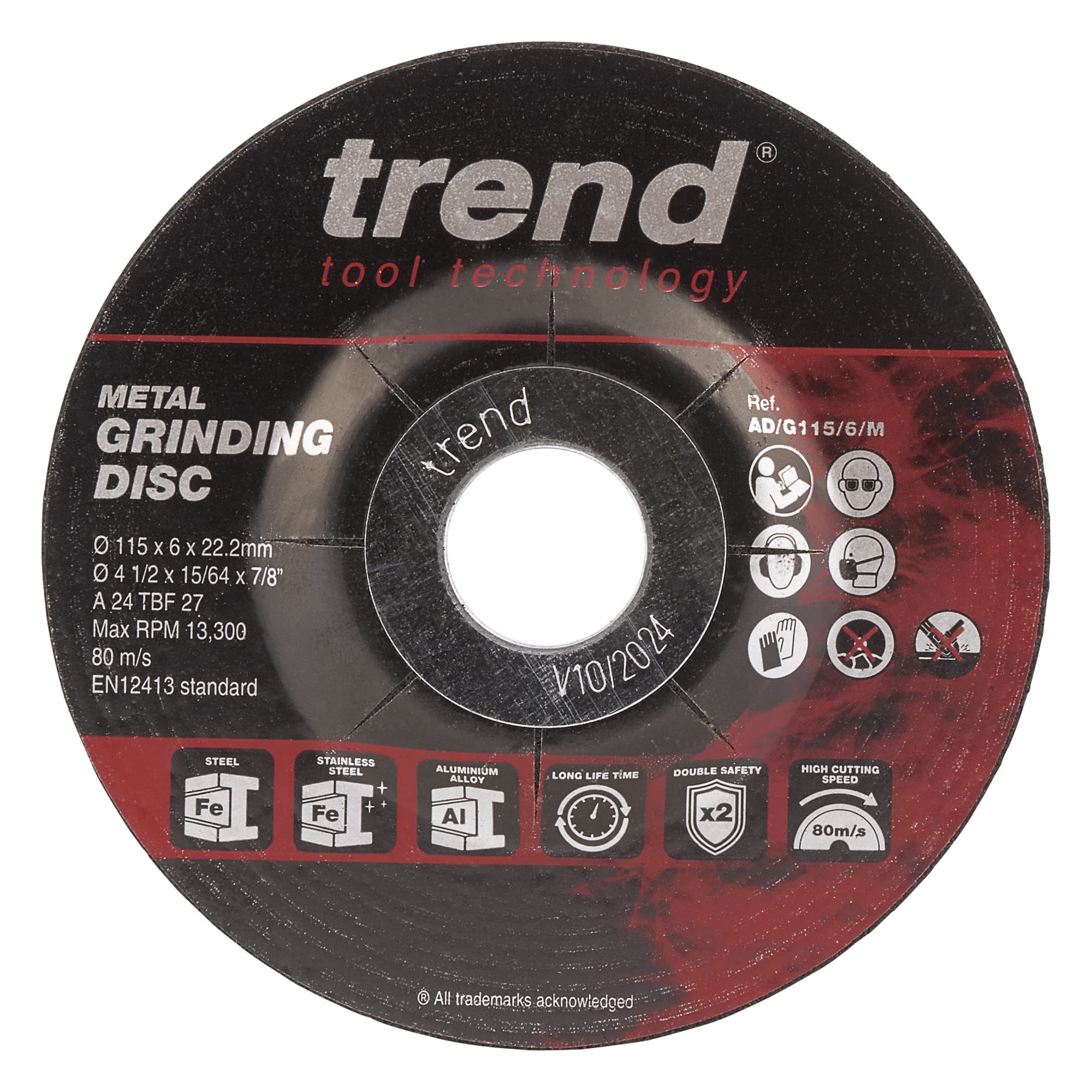 Trend Aluminium Oxide 115mm 24 Grit Metal Grinding Disc, 1mm Kerf, AD/G115/6/M, Pack of 10