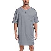 MoFiz Men's Nightshirt Soft Pajamas V Neck Short Sleeve Nightgown Loose Sleepwear Nightwear Comfy Sleep Shirt S-3XL
