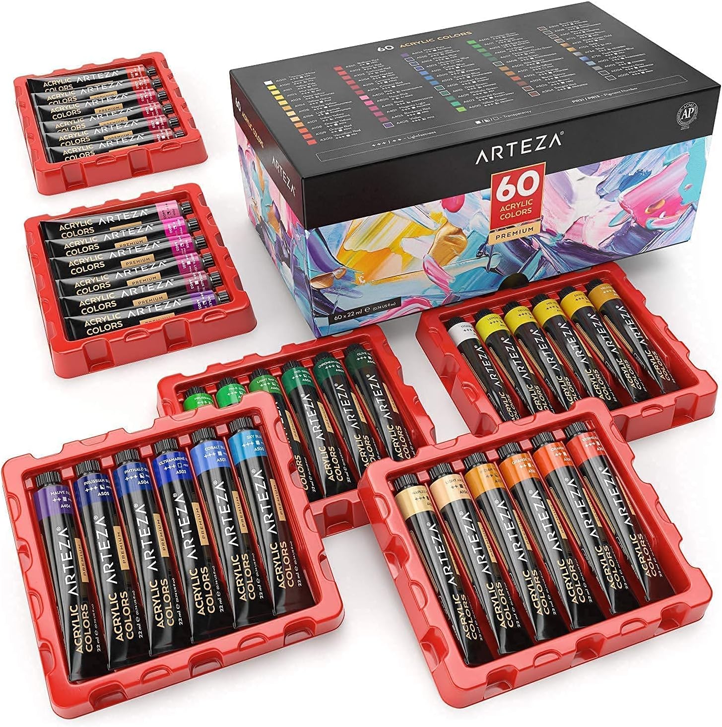 Arteza Mixed Media Paper Foldable Canvas Pad and Acrylic Paint 60 Bundle, Painting Art Supplies for Artist, Hobby Painters & Beginners