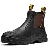 ROCKROOSTER Bakken - 6 inch Steel Toe Anti-fatigue Leather Slip On Safety Work Boots for Men AK229 (EH Rated Rubber Outsole, Dark Brown)