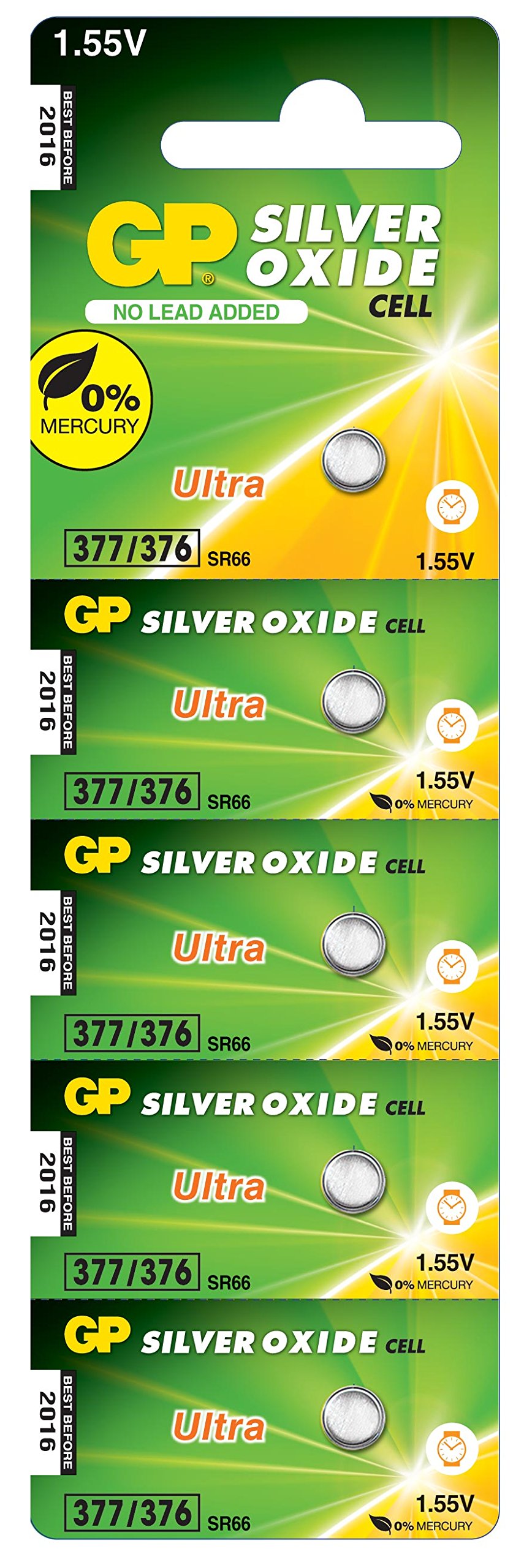 GP Silver Oxide Button 377 (SR66) card of 5