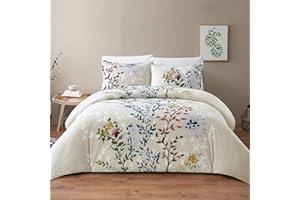 SO OQ STYLE QUARTERS Style Quarters Dahlia Lane 3pc Duvet Cover Set - Multi-Color Floral Stems with White Leafy Silhouettes - 100% Cotton - Machine Washable - Includes 1 Duvet Cover + 2 Shams (Queen)
