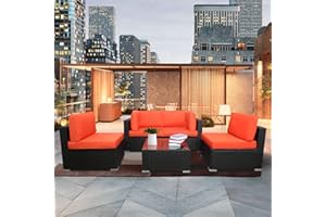 Excited Work 5PCs Patio PE Rattan Sectional Sofa, Outdoor Wicker Furniture Sets with Washable Couch Cushions & Coffee Table (Orange)