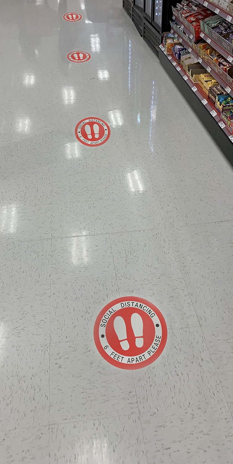 Social Distancing Floor Decals (Pack 5) - Round Vinyl Removable Stickers 11" Safety Signs 6 Feet Apart, Waterproof Adhesive, Anti-Slip, Marker to Maintain Distance, Commercial Grade.: Industrial & Scientific