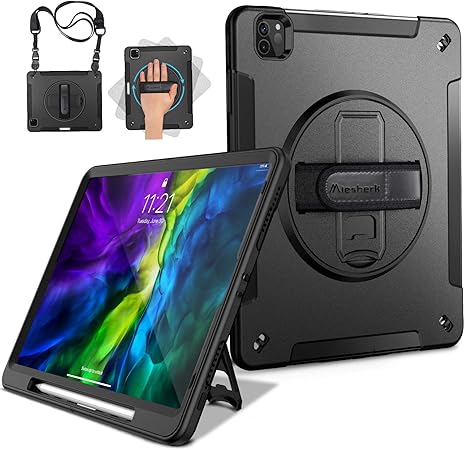 Amazon Com Ipad Pro 11 21 3rd Generation 2nd Gen Case With Pencil Holder Miesherk Military Grade Heavy Duty Shockproof Protective Cover Rotating Stand Hand Shoulder Strap For Ipad Pro 11 Inch 18 Black Computers
