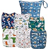 ALVABABY 6pcs Cloth Diaper Covers &1 Wet Dry Bag, Washable Reusable Cloth Nappy Shell for Prefold with Multi-Functional Bag, Flat or Fitted Diaper Inserts 6NKZ06