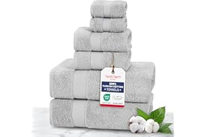 TEXTILOM 100% Turkish Cotton 6 Pcs Luxury Bath Towels, Soft & Absorbent Bathroom Towels Set (2 Bath Towel, 2 Hand Towel, 2 Washcloths)- Light Grey