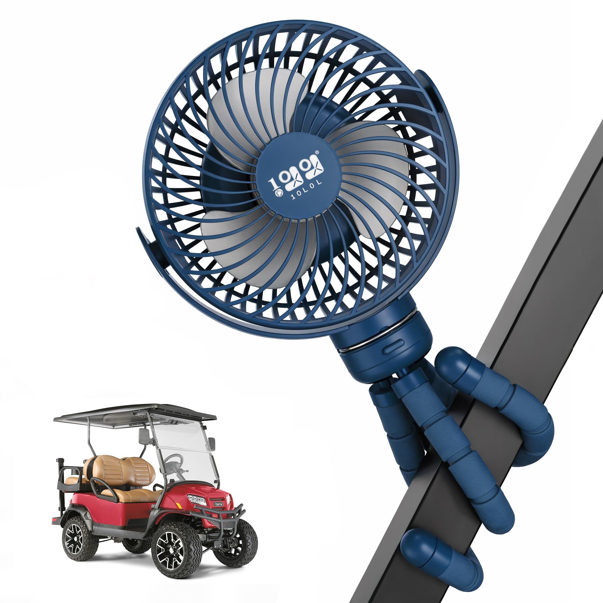 Photo 1 of 10L0L Rechargeable Portable Fan-8000mAh Battery Operated Fans Compatible with Yamaha/EZGO/Club Car/Tents/Prams/Golf Cart Push Cart with Flexible Tripod, LED Light, 360° Rotatable, 3 Speed (Blue)