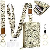 QRZIQRZ ID Badge Holder Wallets with Lanyards, Bat Floral ID Case with Zipper,RFID Credit Card Holder for Women,Adjustable Neck Lanyard Wrist Strap with Keychain Phone Holder for Teacher Nurse Gift