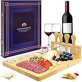 RoyalHouse Bamboo Cheese Board and Knife Set with Magnetic Holder - Serving Tray for Crackers, Meat, and Wine - Anniversary and Wedding Gift